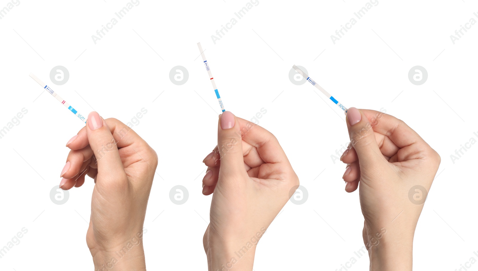 Women holding pregnancy tests on white background, closeup. Collage Image of Women holding pregnancy tests on white background, closeup. Collage
