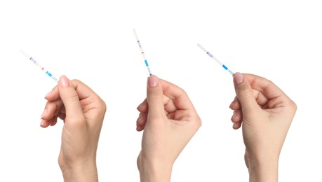 Image of Women holding pregnancy tests on white background, closeup. Collage