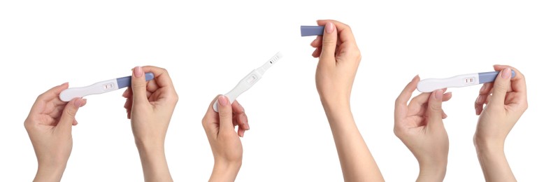 Image of Women holding pregnancy tests on white background, closeup. Collage