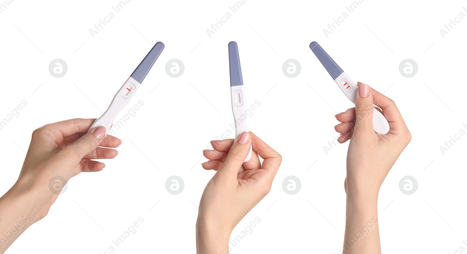 Women holding pregnancy tests on white background, closeup. Collage Image of Women holding pregnancy tests on white background, closeup. Collage