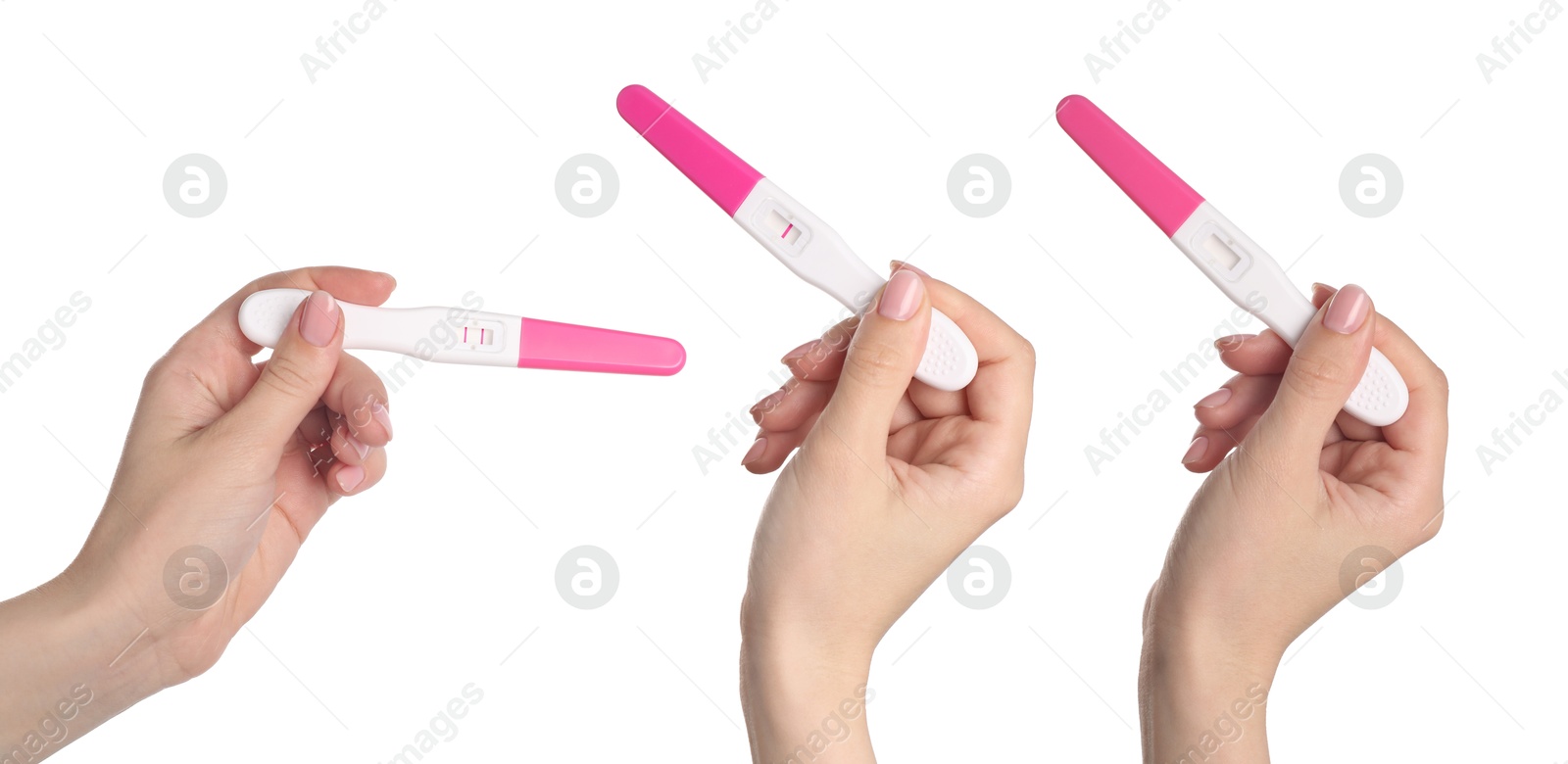 Women holding pregnancy tests on white background, closeup. Collage Image of Women holding pregnancy tests on white background, closeup. Collage