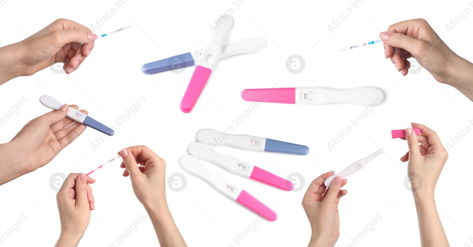 Collage with photos of women holding different pregnancy tests on white background, closeup Image of Collage with photos of women holding different pregnancy tests on white background, closeup
