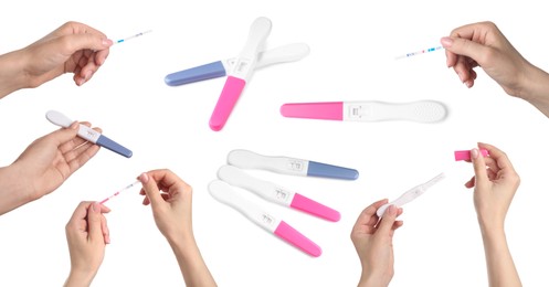 Image of Collage with photos of women holding different pregnancy tests on white background, closeup