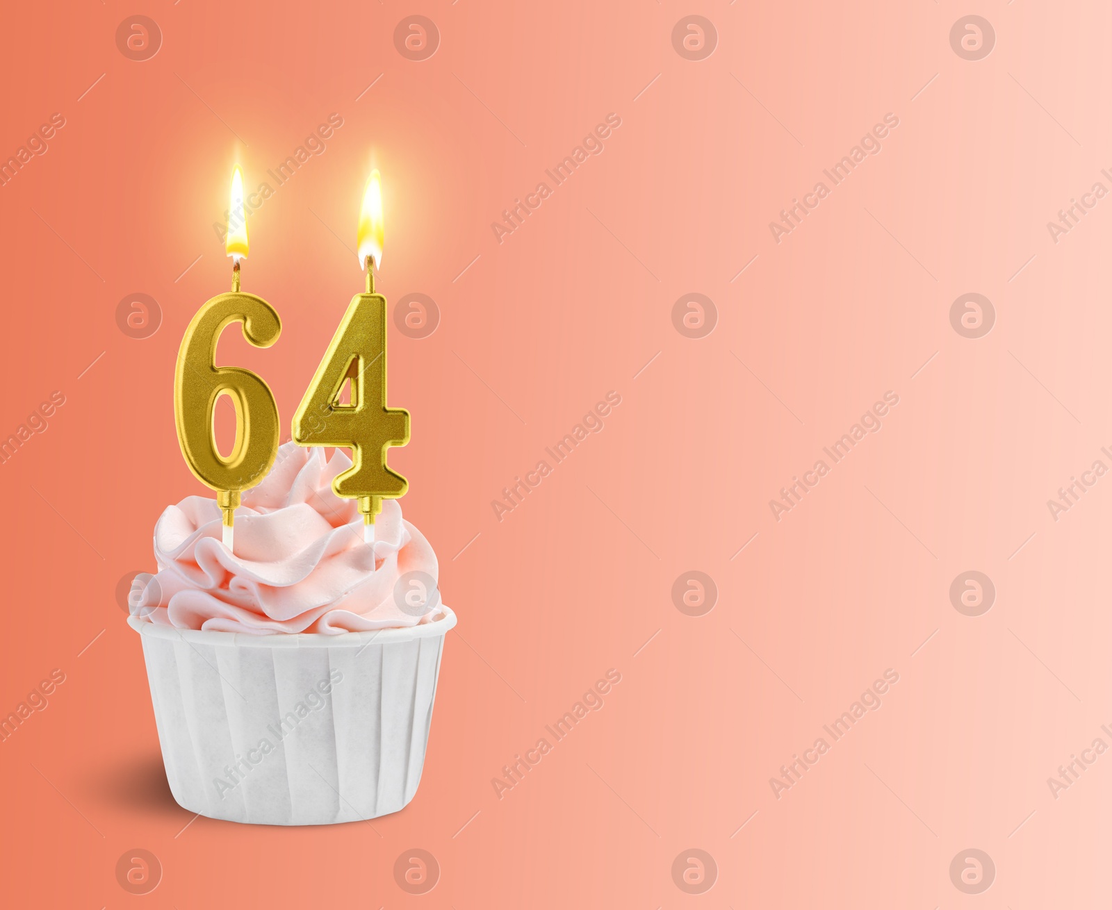 Image of Yummy cupcake with burning number shaped candles on coral gradient background, space for text. 64th birthday or other special occasion