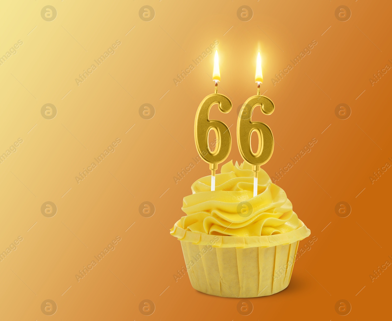 Yummy cupcake with burning number shaped candles on orange gradient background, space for text. 66th birthday or other special occasion Image of Yummy cupcake with burning number shaped candles on orange gradient background, space for text. 66th birthday or other special occasion