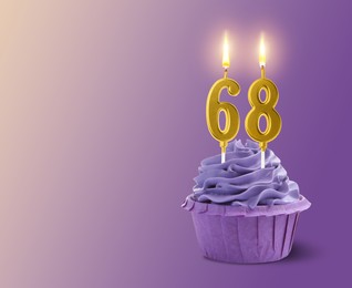 Image of Yummy cupcake with burning number shaped candles on purple gradient background, space for text. 68th birthday or other special occasion