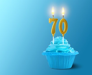 Image of Yummy cupcake with burning number shaped candles on light blue gradient background, space for text. 70th birthday or other special occasion