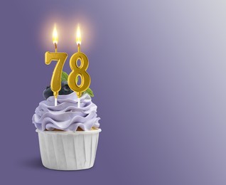 Image of Yummy cupcake with burning number shaped candles on purple gradient background, space for text. 78th birthday or other special occasion