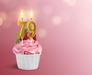 Image of Yummy cupcake with burning number shaped candles on pink gradient background, space for text. 79th birthday or other special occasion