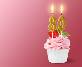 Image of Yummy cupcake with burning number shaped candles on pink gradient background, space for text. 80th birthday or other special occasion