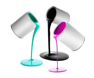 Image of Paints of different colors pouring out of cans on white background, collage