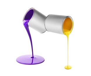 Image of Paints of different colors pouring out of cans on white background, collage