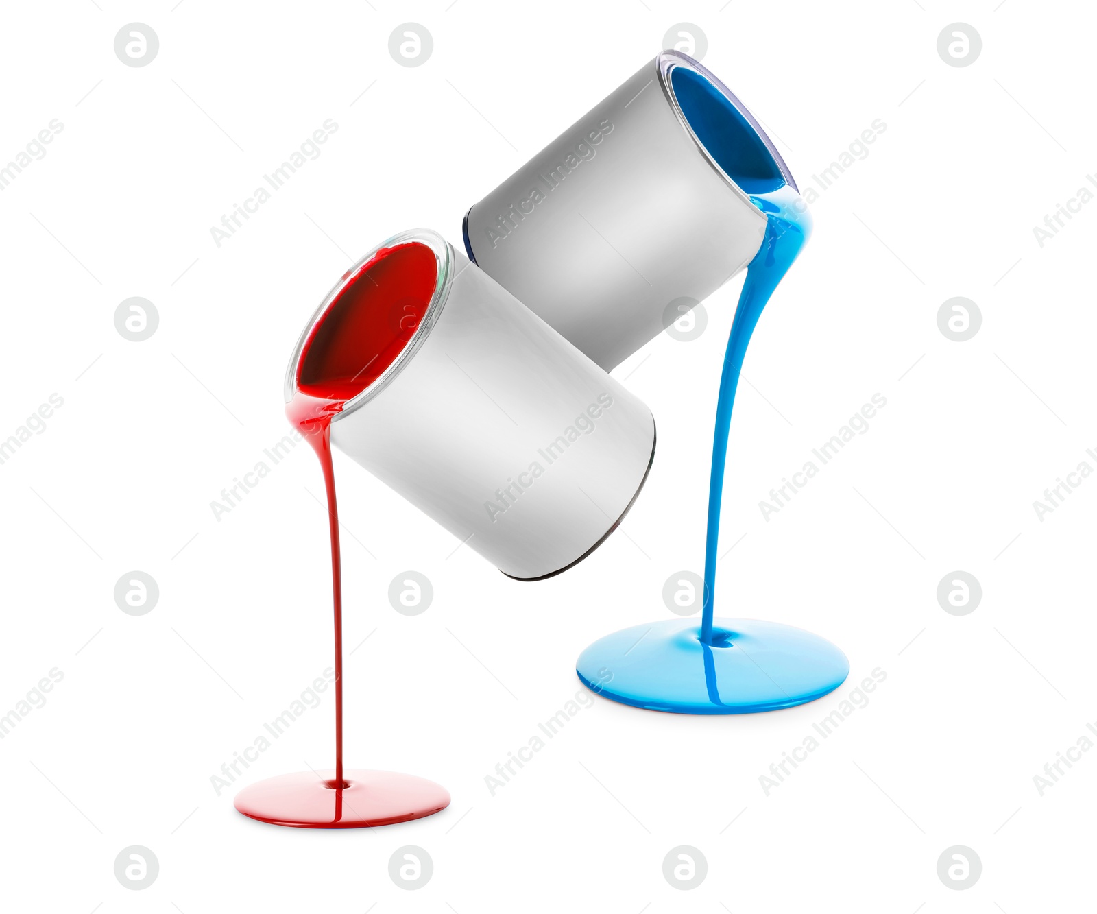Paints of different colors pouring out of cans on white background, collage Image of Paints of different colors pouring out of cans on white background, collage