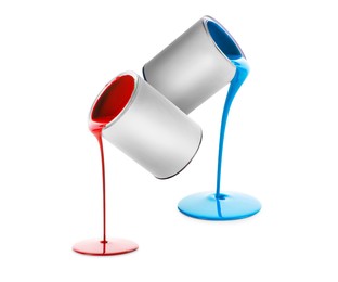 Image of Paints of different colors pouring out of cans on white background, collage