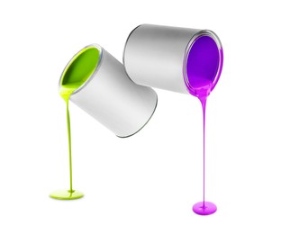 Image of Paints of different colors pouring out of cans on white background, collage