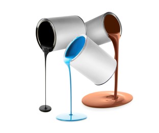 Image of Paints of different colors pouring out of cans on white background, collage