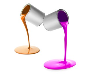 Image of Paints of different colors pouring out of cans on white background, collage