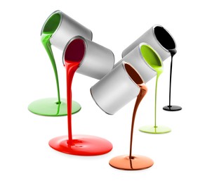 Image of Paints of different colors pouring out of cans on white background, collage