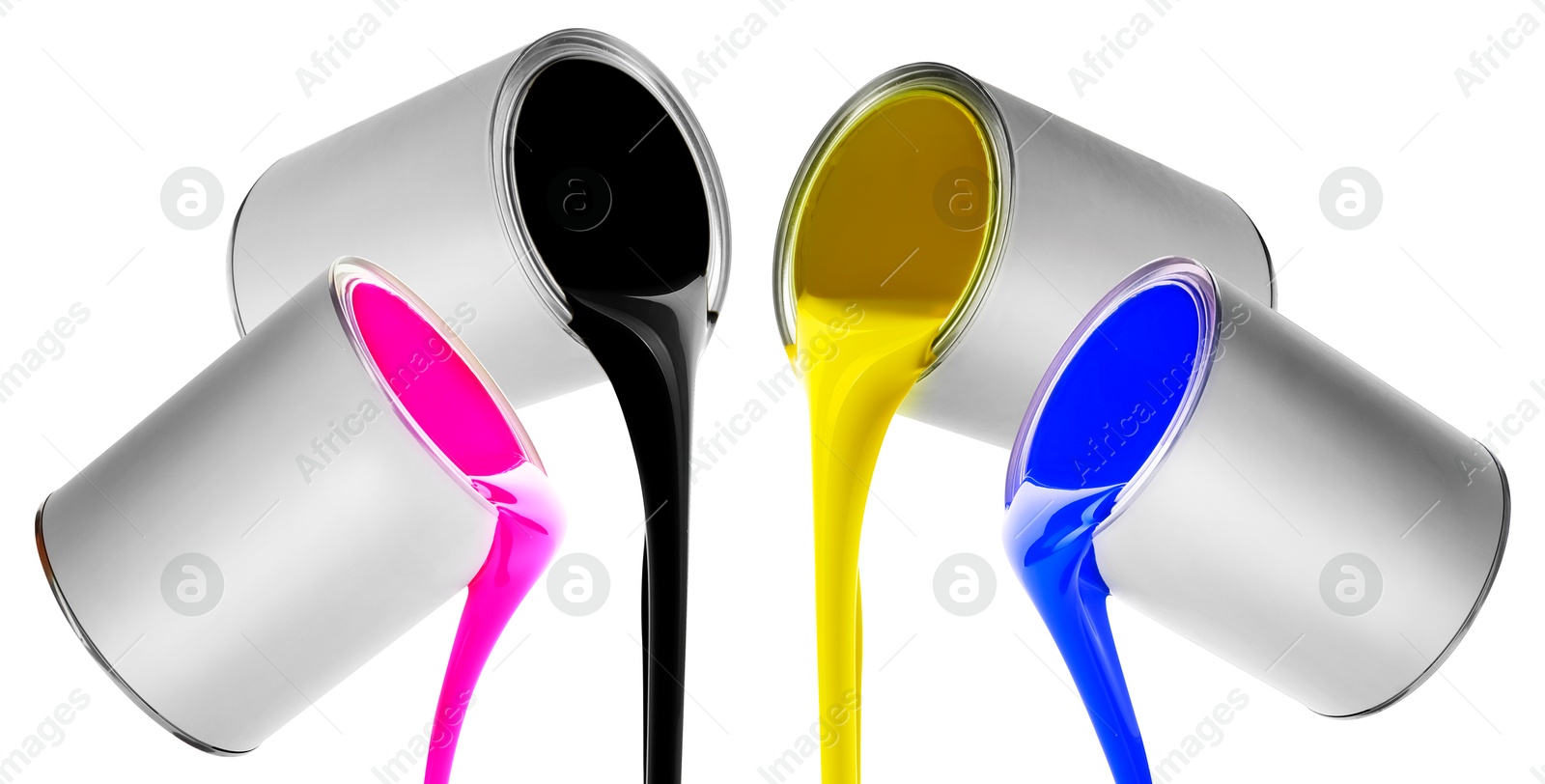 Paints of different colors pouring out of cans on white background, collage Image of Paints of different colors pouring out of cans on white background, collage