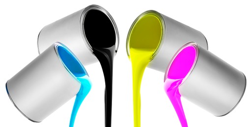 Image of Paints of different colors pouring out of cans on white background, collage