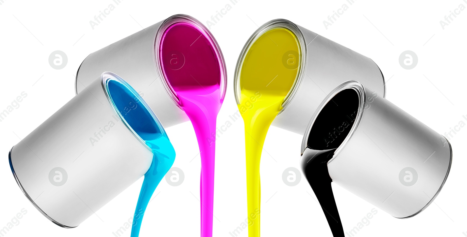 Image of Paints of different colors pouring out of cans on white background, collage