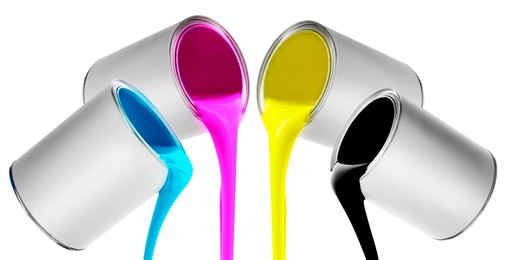 Image of Paints of different colors pouring out of cans on white background, collage