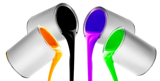 Image of Paints of different colors pouring out of cans on white background, collage
