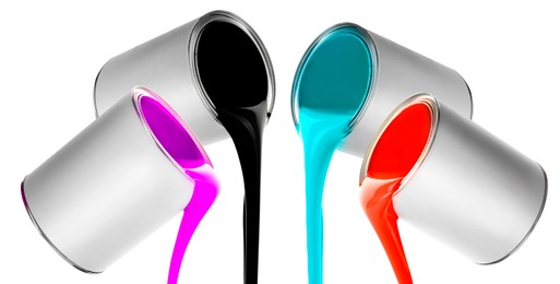 Image of Paints of different colors pouring out of cans on white background, collage