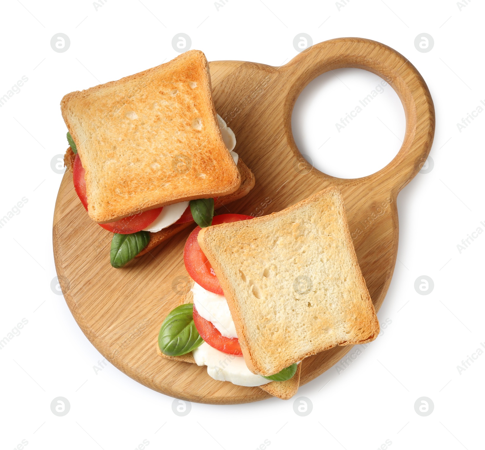 Photo of Tasty sandwiches with mozzarella cheese, tomatoes and basil on white background, top view