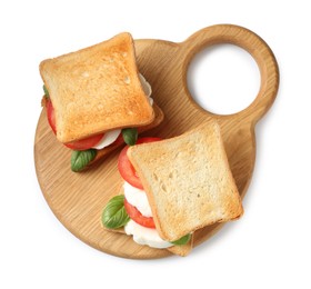 Photo of Tasty sandwiches with mozzarella cheese, tomatoes and basil on white background, top view