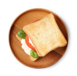 Photo of Tasty sandwich with mozzarella cheese, tomato and basil on white background, top view