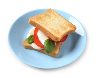 Photo of Tasty sandwich with mozzarella cheese, tomato and basil on white background, above view