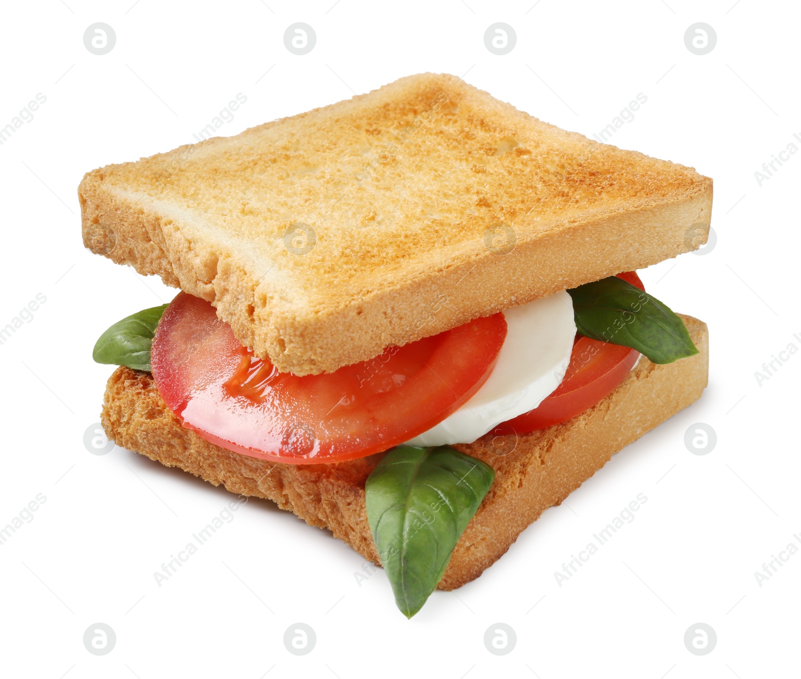 Photo of Tasty sandwich with mozzarella cheese, tomato and basil on white background