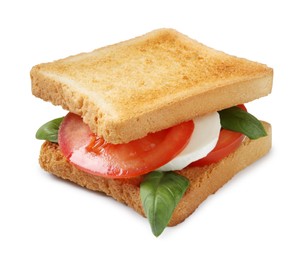 Photo of Tasty sandwich with mozzarella cheese, tomato and basil on white background