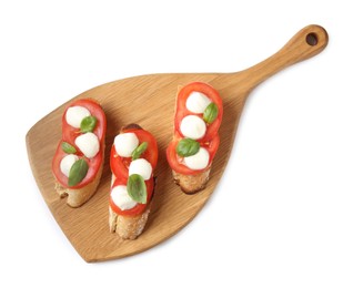 Photo of Tasty sandwiches with mozzarella cheese, tomatoes and basil on white background, top view