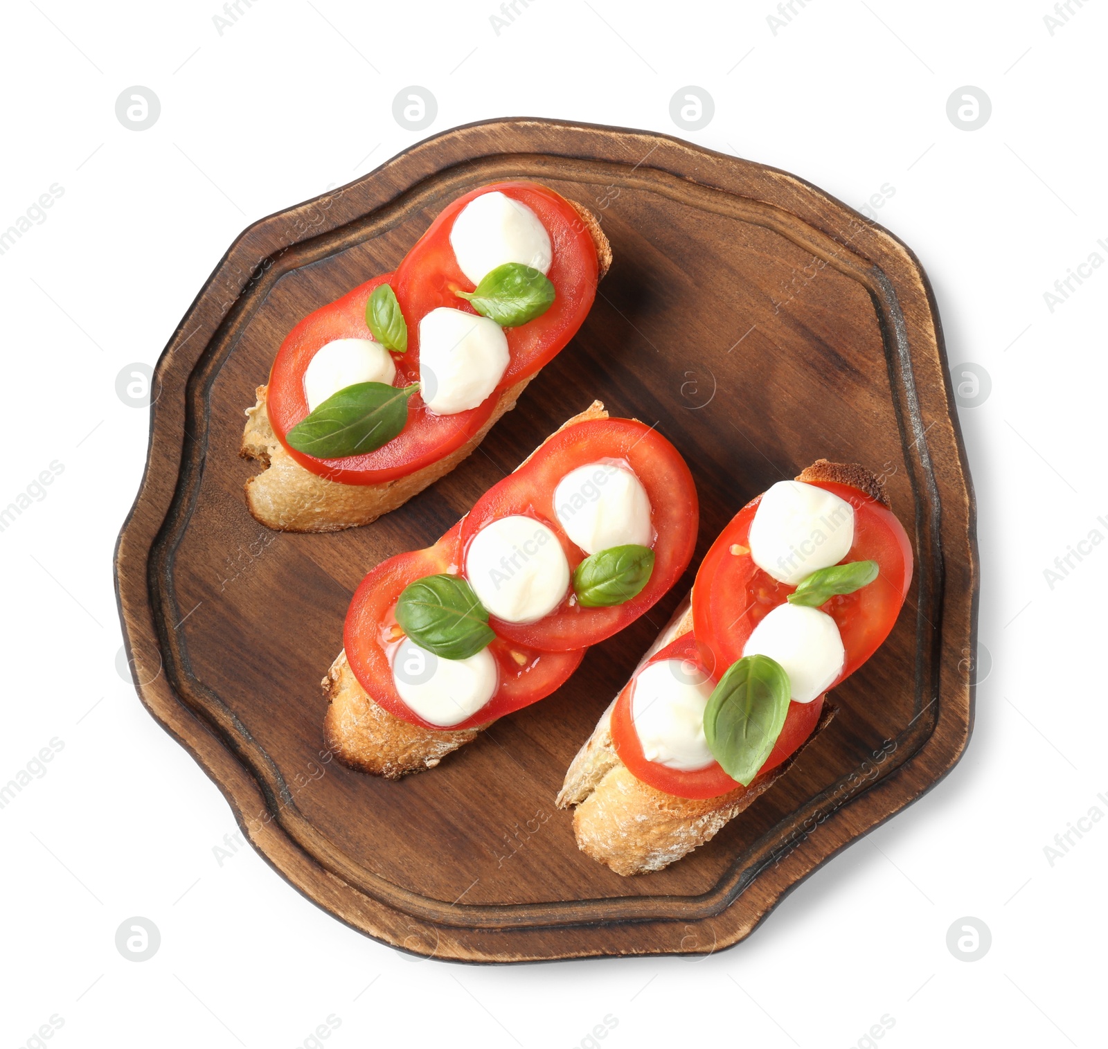 Photo of Tasty sandwiches with mozzarella cheese, tomatoes and basil on white background, top view