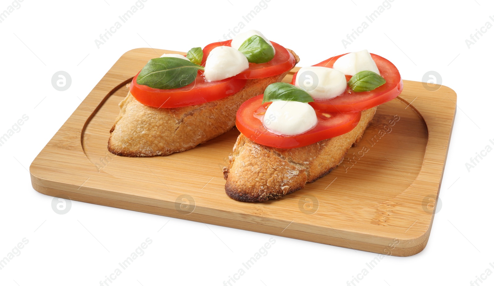 Photo of Tasty sandwiches with mozzarella cheese, tomatoes and basil on white background