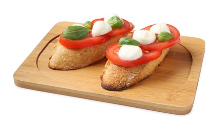Photo of Tasty sandwiches with mozzarella cheese, tomatoes and basil on white background