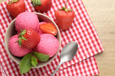 Photo of Refreshing sorbet, strawberries and mint on wooden table, top view