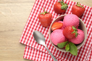 Photo of Refreshing sorbet, strawberries and mint on wooden table, top view