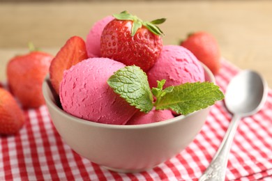 Photo of Refreshing sorbet, strawberries and mint on table, closeup