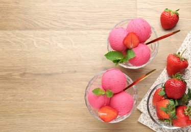 Photo of Refreshing sorbet, strawberries and mint on wooden table, flat lay. Space for text