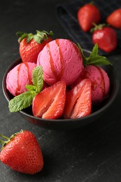 Photo of Refreshing sorbet with syrup, strawberries and mint in bowl on grey textured table, closeup