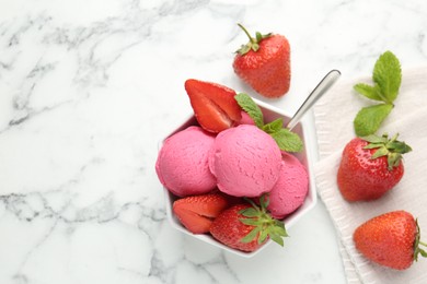 Photo of Refreshing sorbet, strawberries and mint in bowl on white marble table, flat lay. Space for text