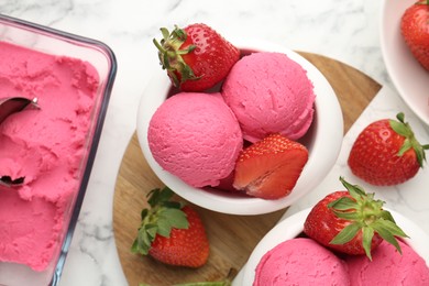 Photo of Refreshing sorbet, strawberries and mint on white marble table, flat lay