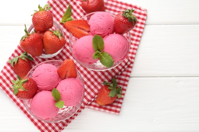 Photo of Refreshing sorbet, strawberries and mint on white wooden table, top view. Space for text
