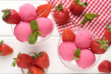 Photo of Refreshing sorbet, strawberries and mint on white wooden table, flat lay