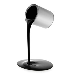 Image of Black paint pouring out of can on white background