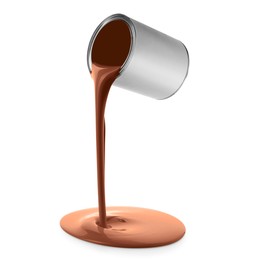 Image of Brown paint pouring out of can on white background
