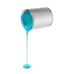 Image of Light blue paint pouring out of can on white background
